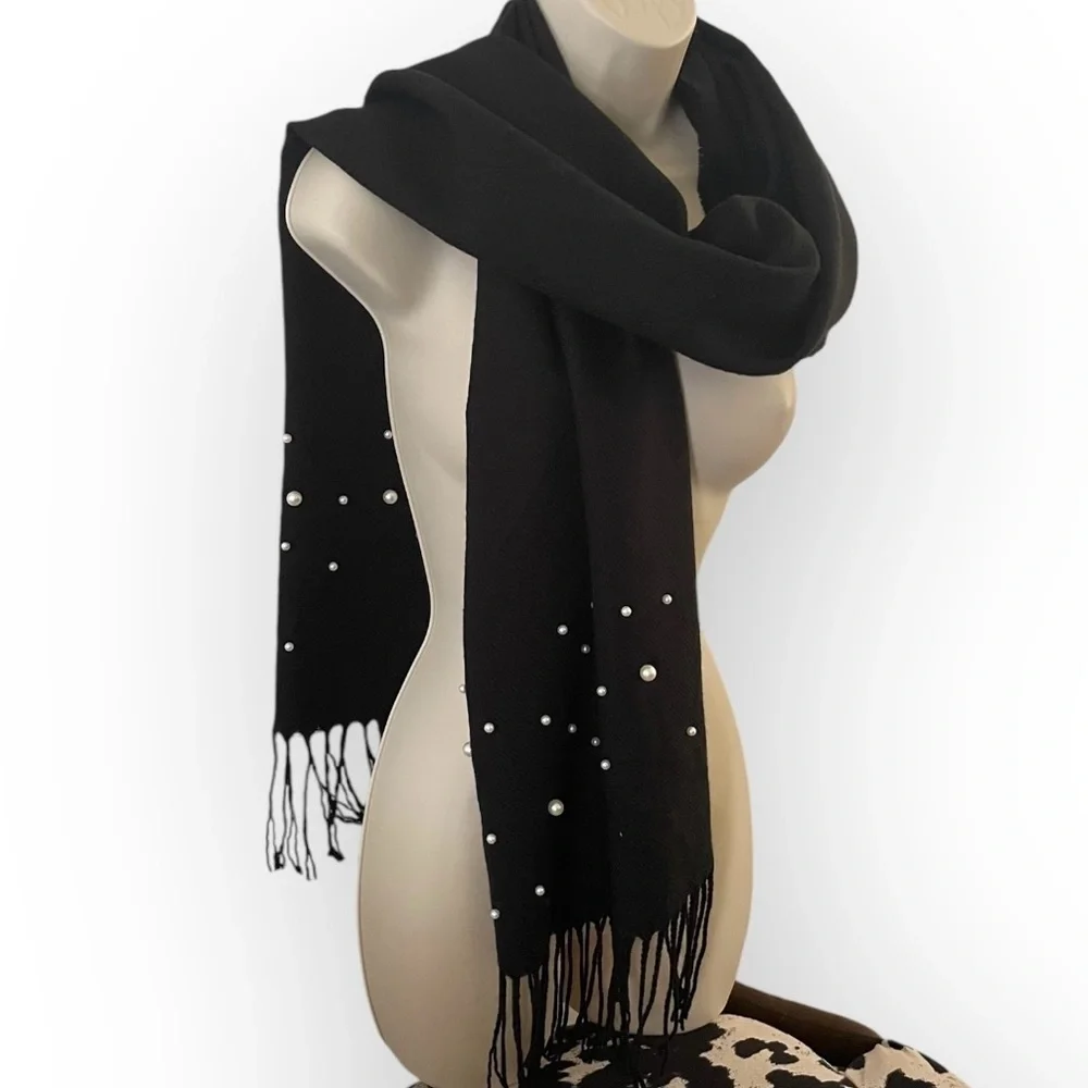 BEBE women’s pearl embellished fringe scarf black cozy soft winter chic neutral